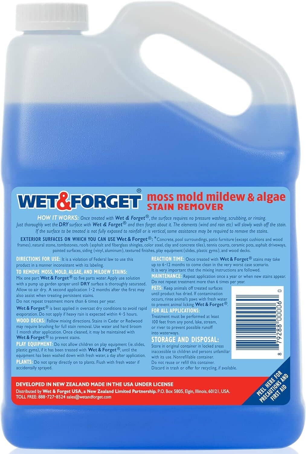 Wet & Forget stain remover jug, back label with directions and barcode