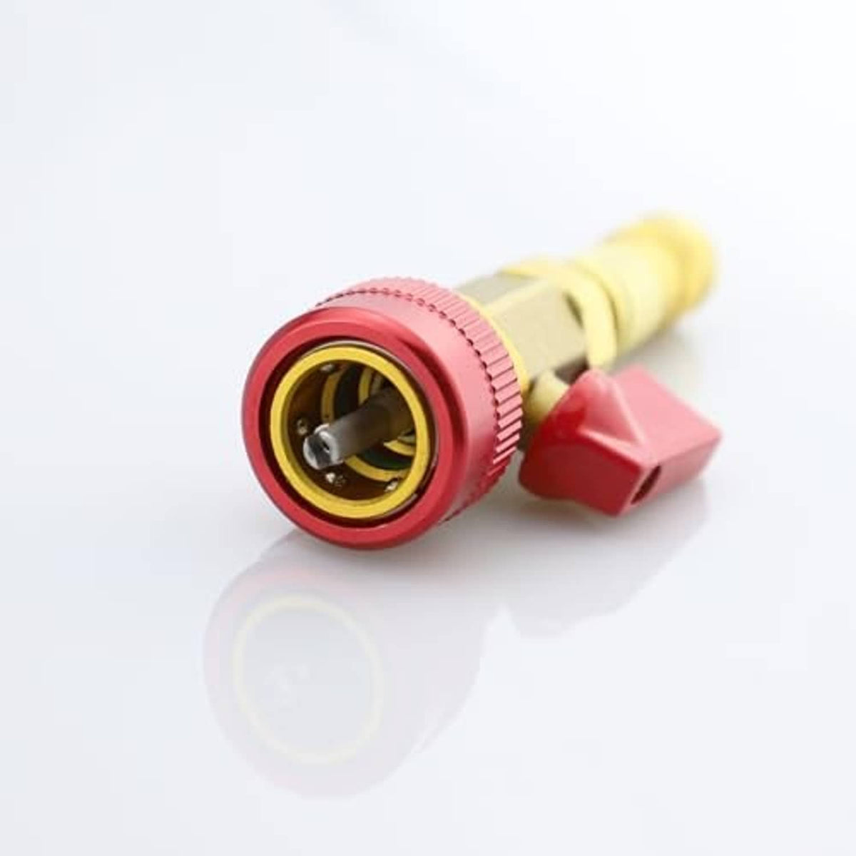 Valve core removal tool with red ring head and gold threaded shaft