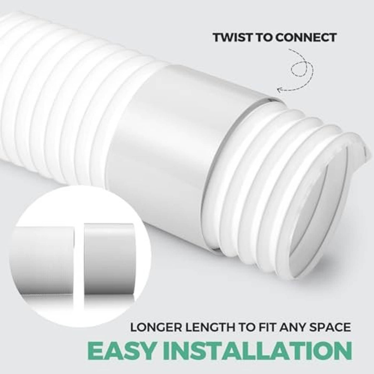 White corrugated exhaust hose end with twist-connect coupler and ribbed ring