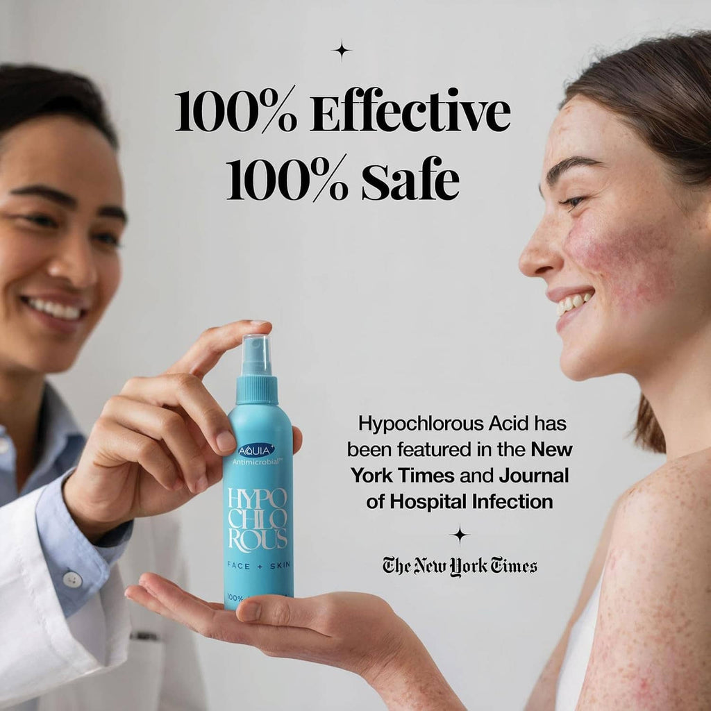 Hypochlorous acid mist spray bottle with fine nozzle, shown being used on a person