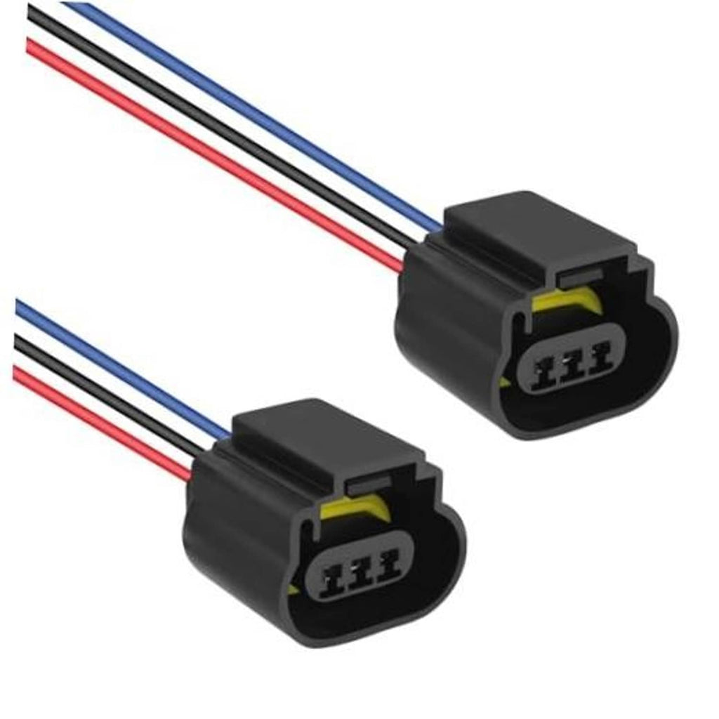 Headlight female socket connector pair with black housings and red/blue wire leads