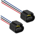 Headlight female socket connector pair with black housings and red/blue wire leads