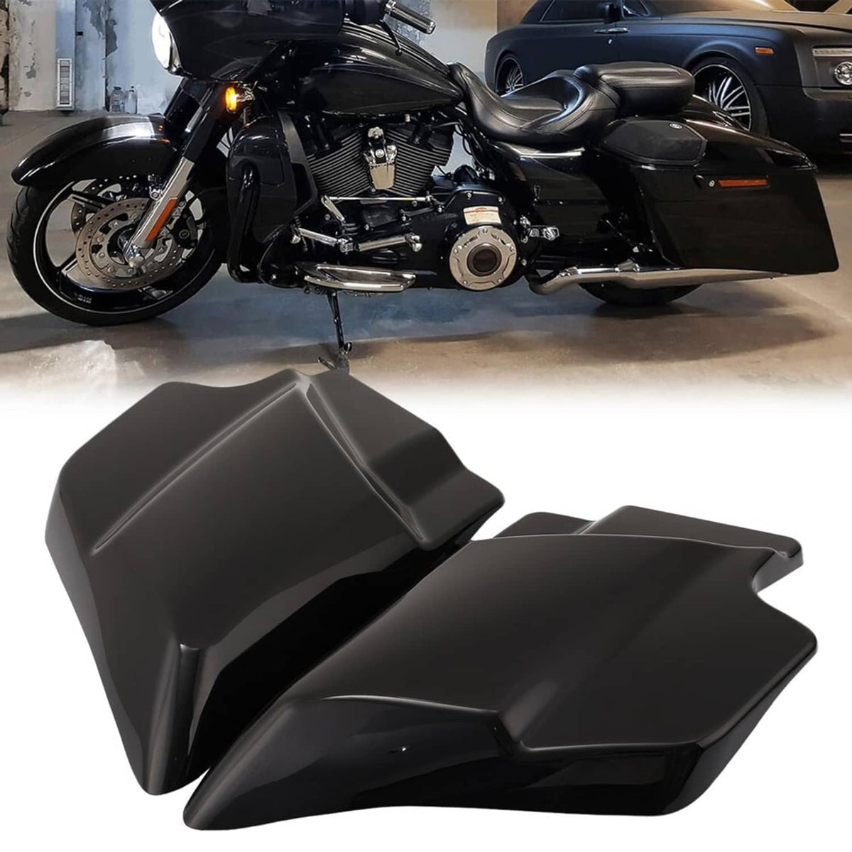 Pair of black side cover panels, glossy molded plastic with curved shapes