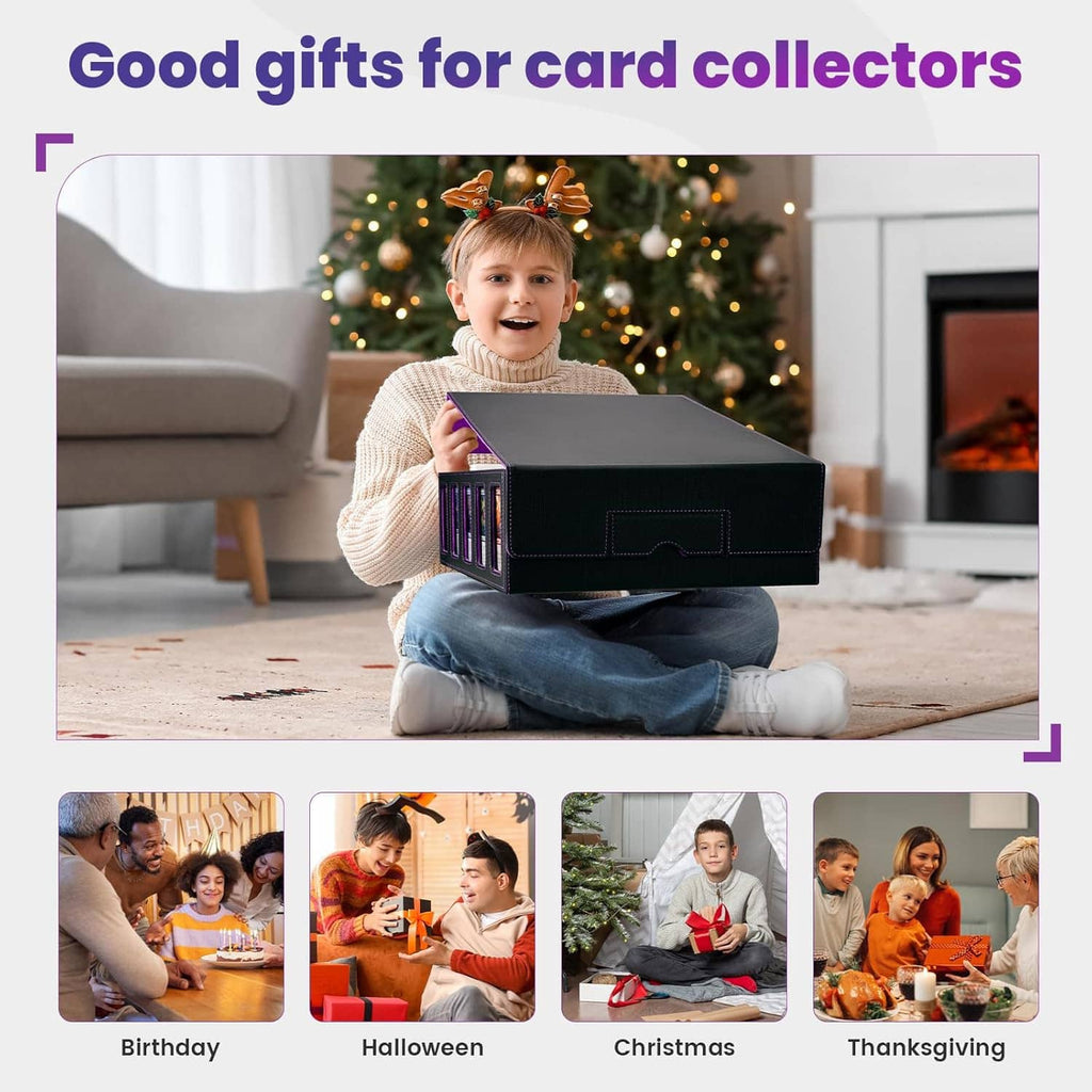 Purple trading card storage box held by a child, closed hinged lid with card-window front