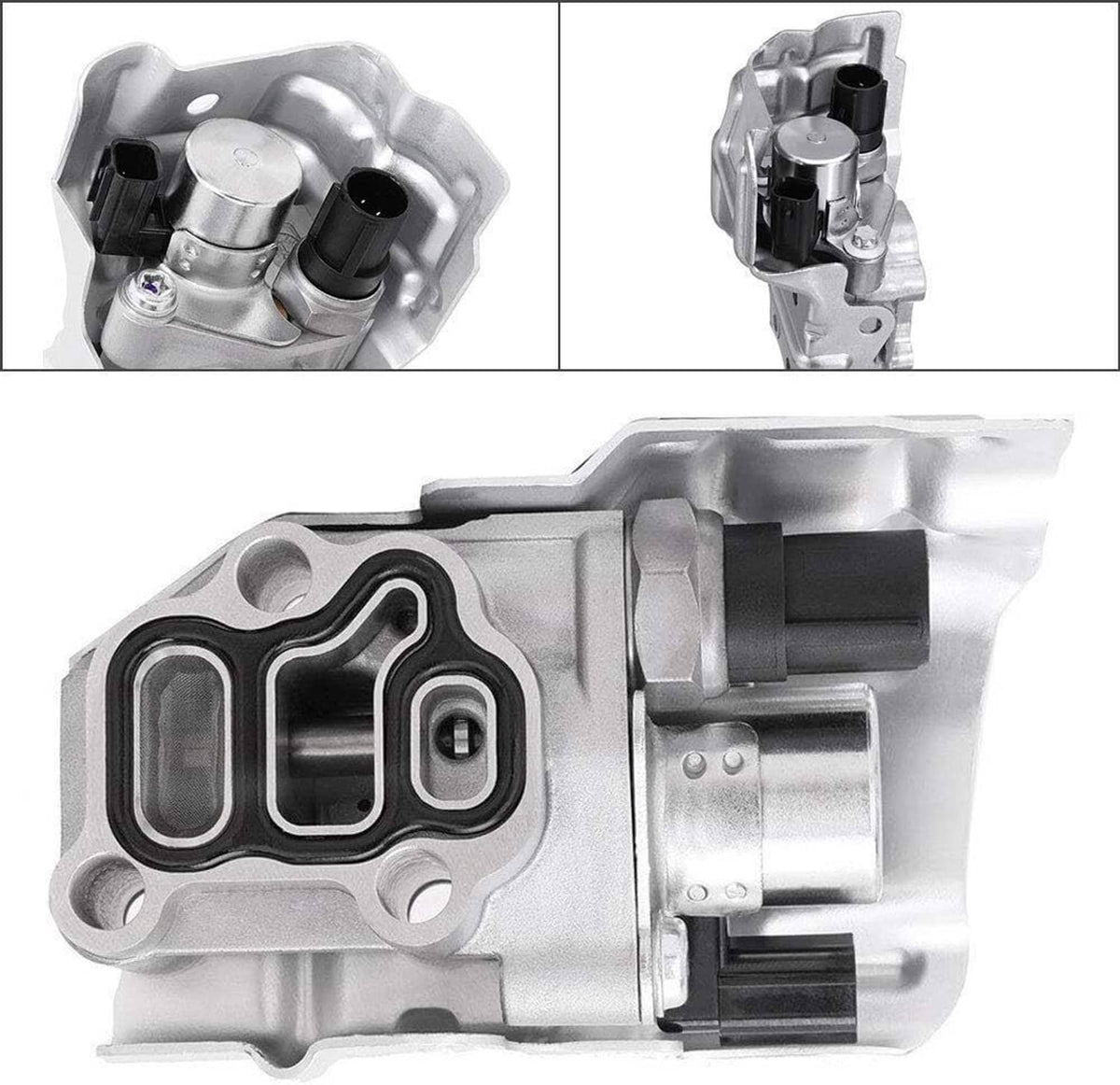 Solenoid spool valve with gasket, side view of silver housing and black connector