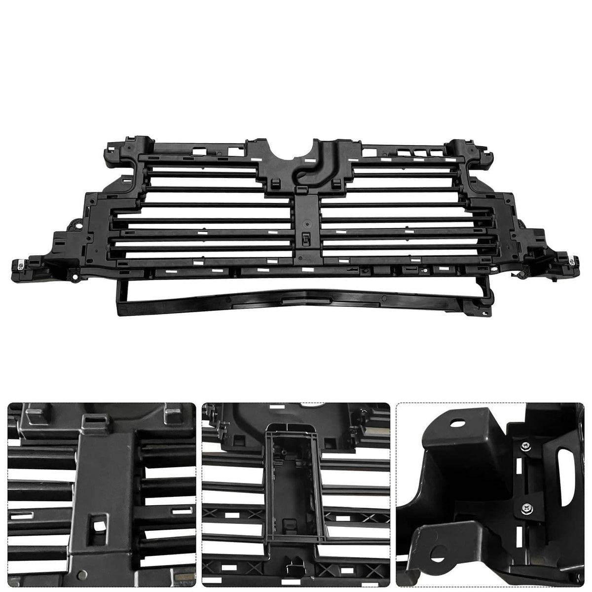 Black front grille shutter frame with centered brace and horizontal slat bars