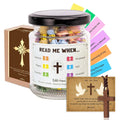 Prayer verse jar with black lid, cross label, colorful inserts, includes gift box and cross card