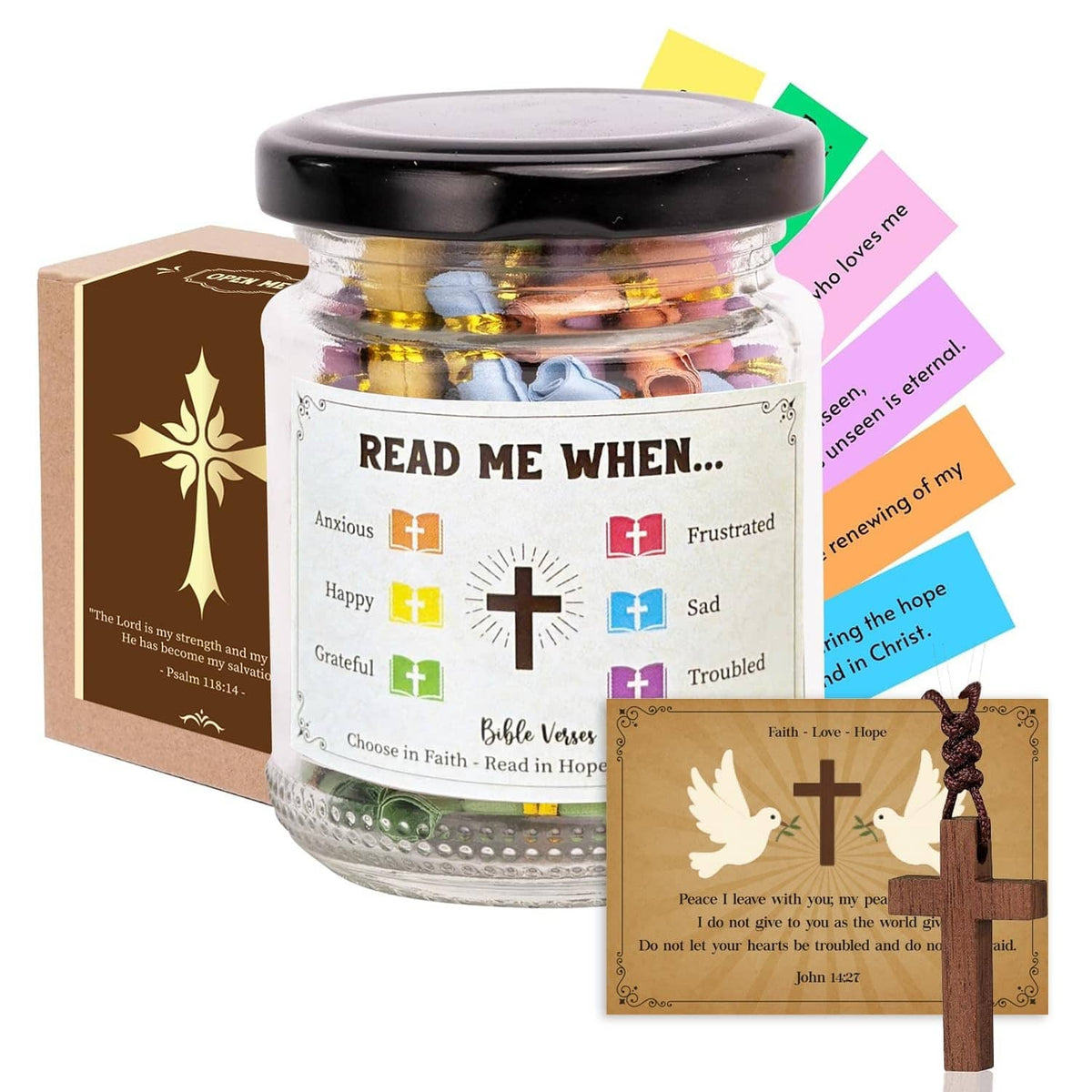 Prayer verse jar with black lid, cross label, colorful inserts, includes gift box and cross card