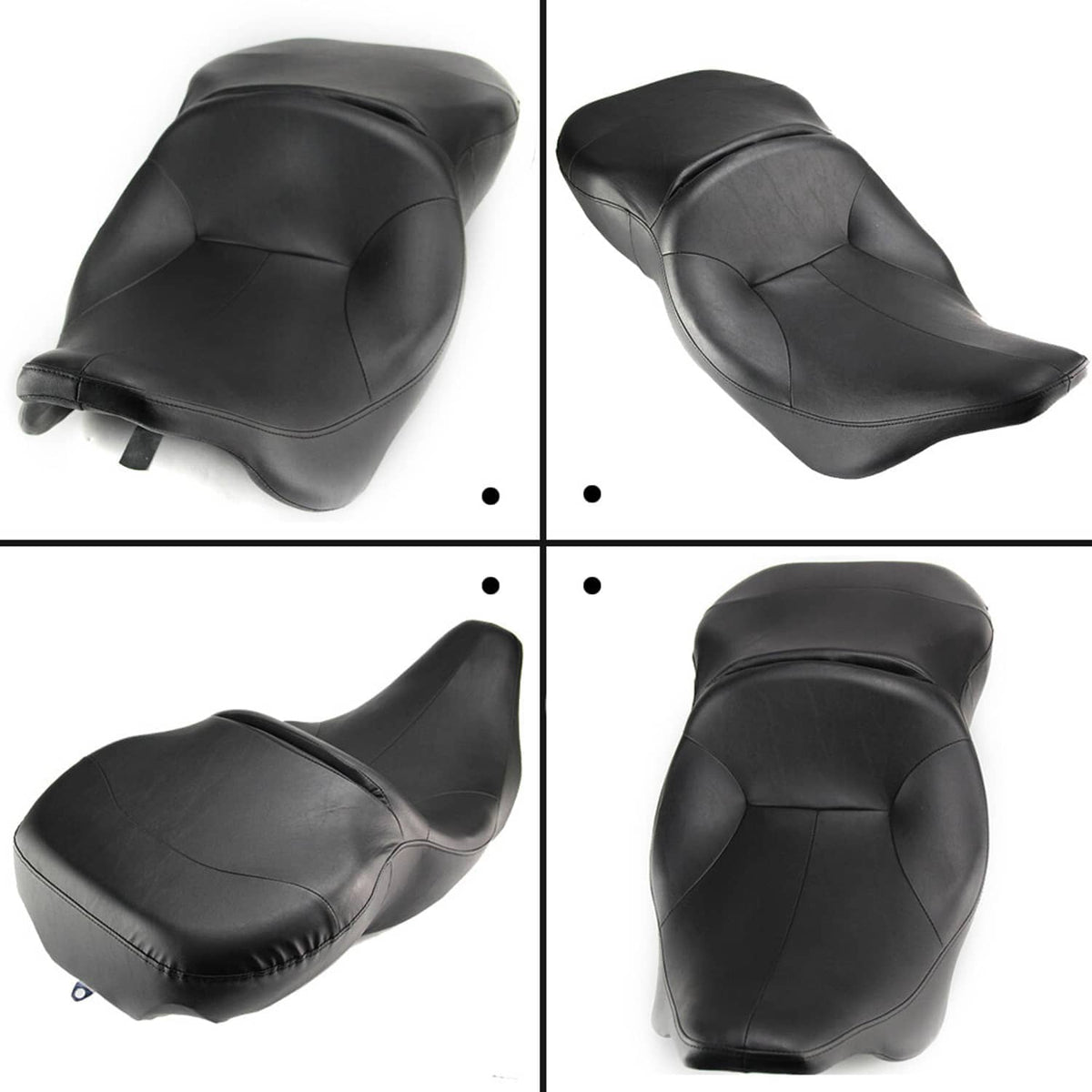 Black motorcycle rider and passenger seat shown in four angles, padded and contoured.