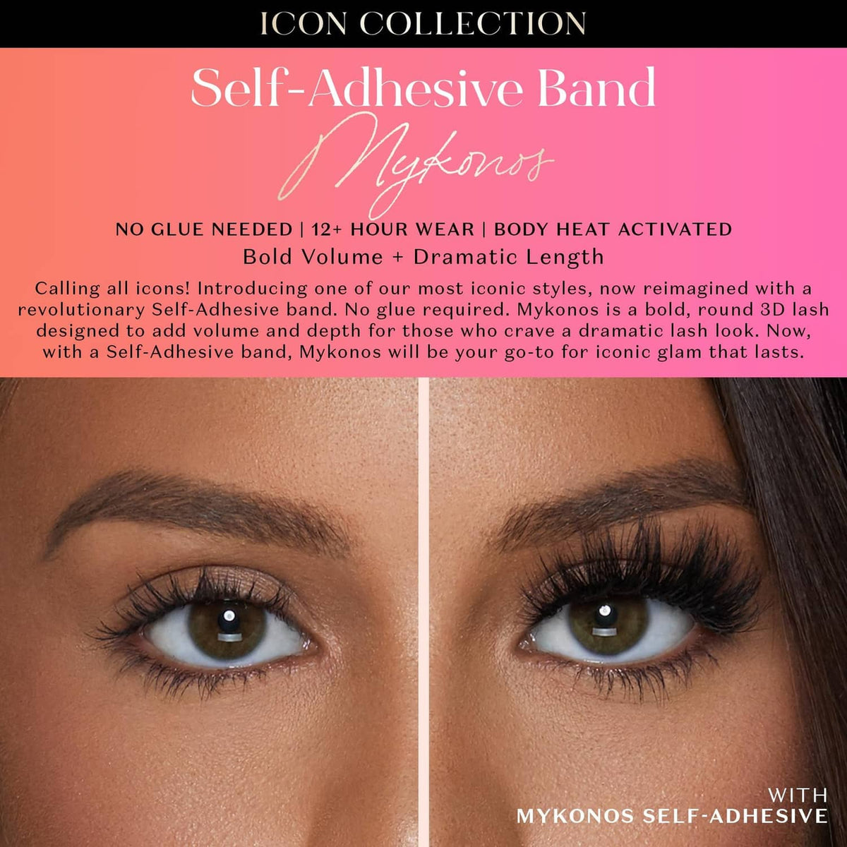 Self-adhesive band lashes on eyelids, black faux mink look