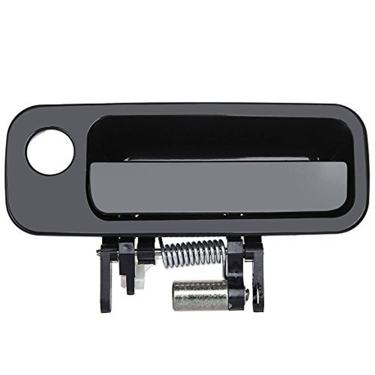Black exterior door handle component with spring latch and mounting hardware