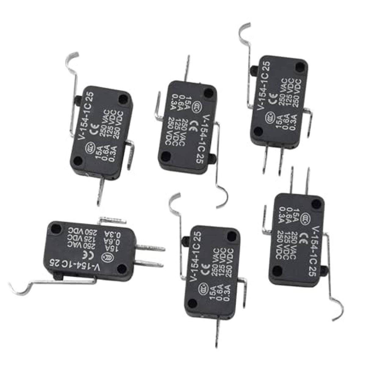 Micro switches with black casings, metal actuator clips, and 3-pin connector leads
