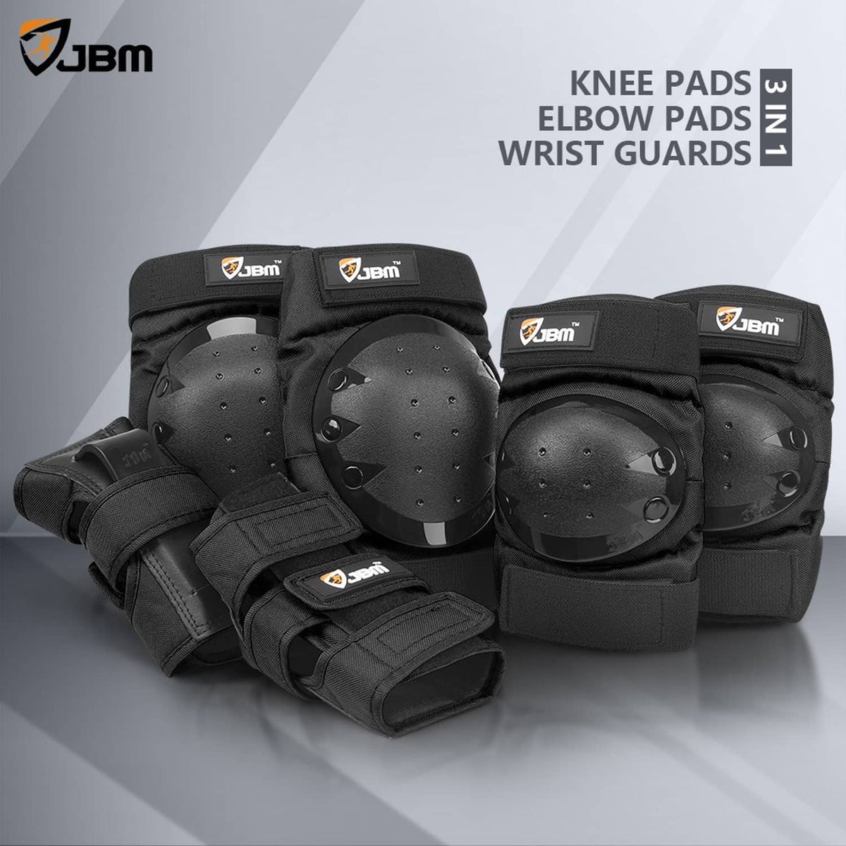 Black knee, elbow, and wrist guards set with hook-and-loop straps