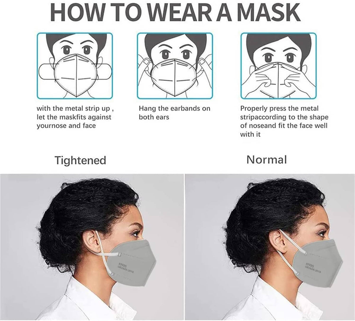 Grey KN95 face mask with ear loops, worn on a person showing proper fit
