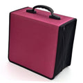 Red CD/DVD storage case with black side panels and top carry handle.