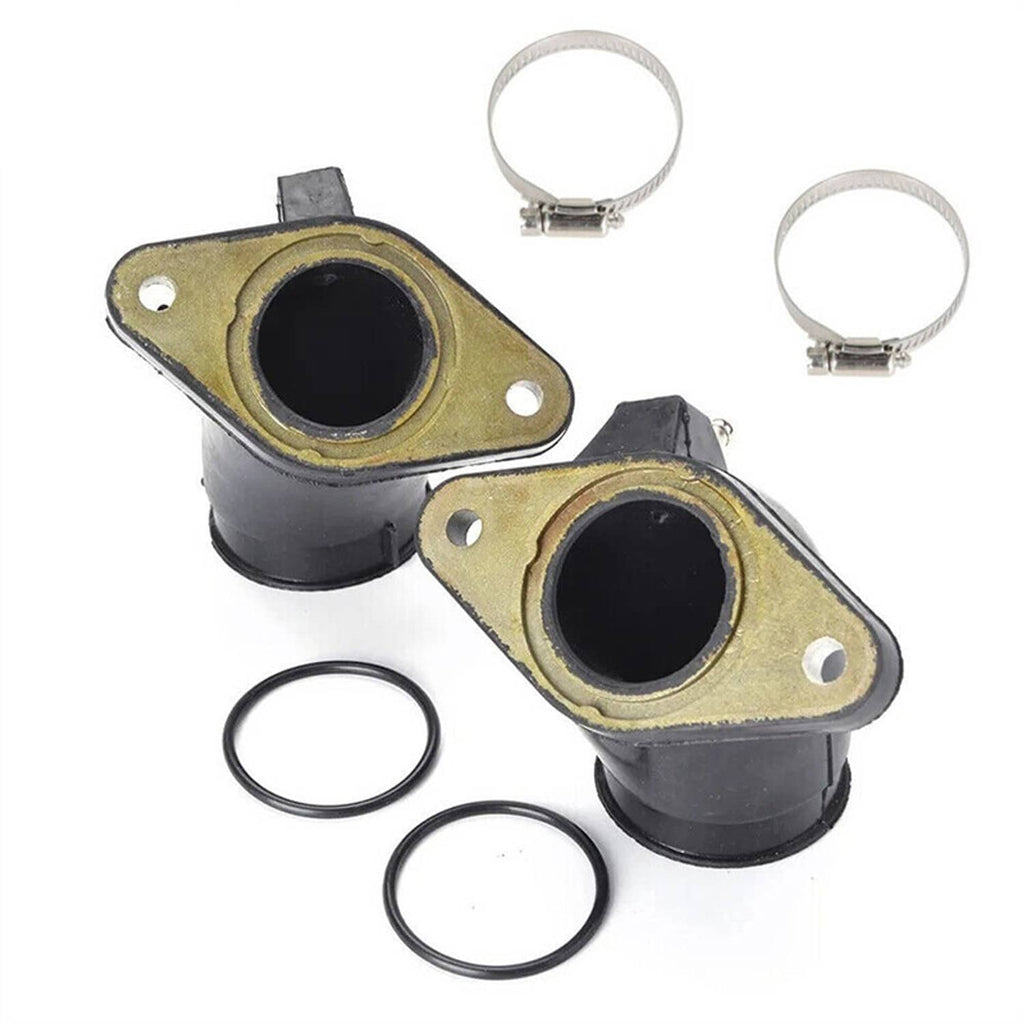Pair of black rubber carb intake boots with brass-colored mounting flanges and seals
