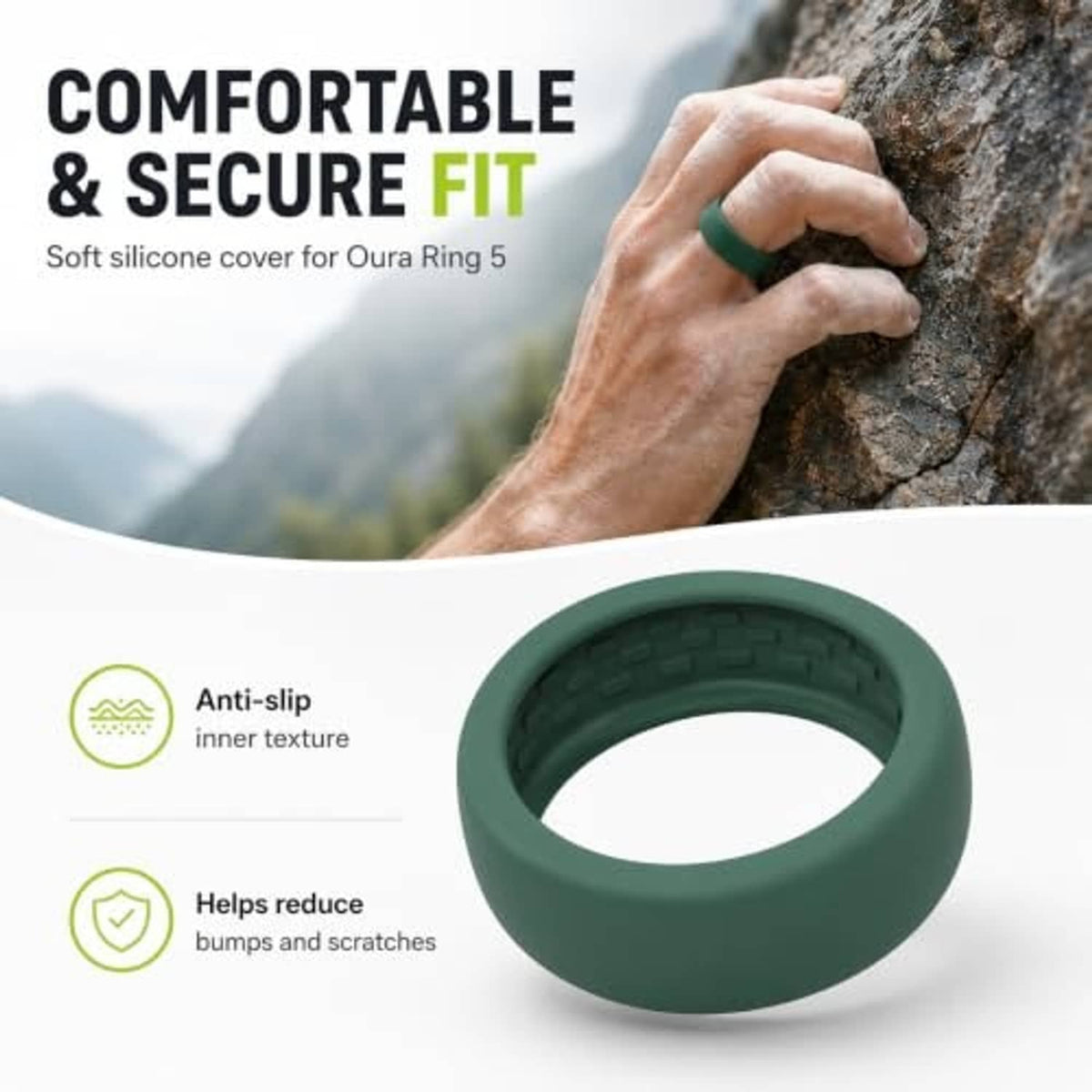Green silicone ring cover with inner window, shown on a hand near outdoor rock