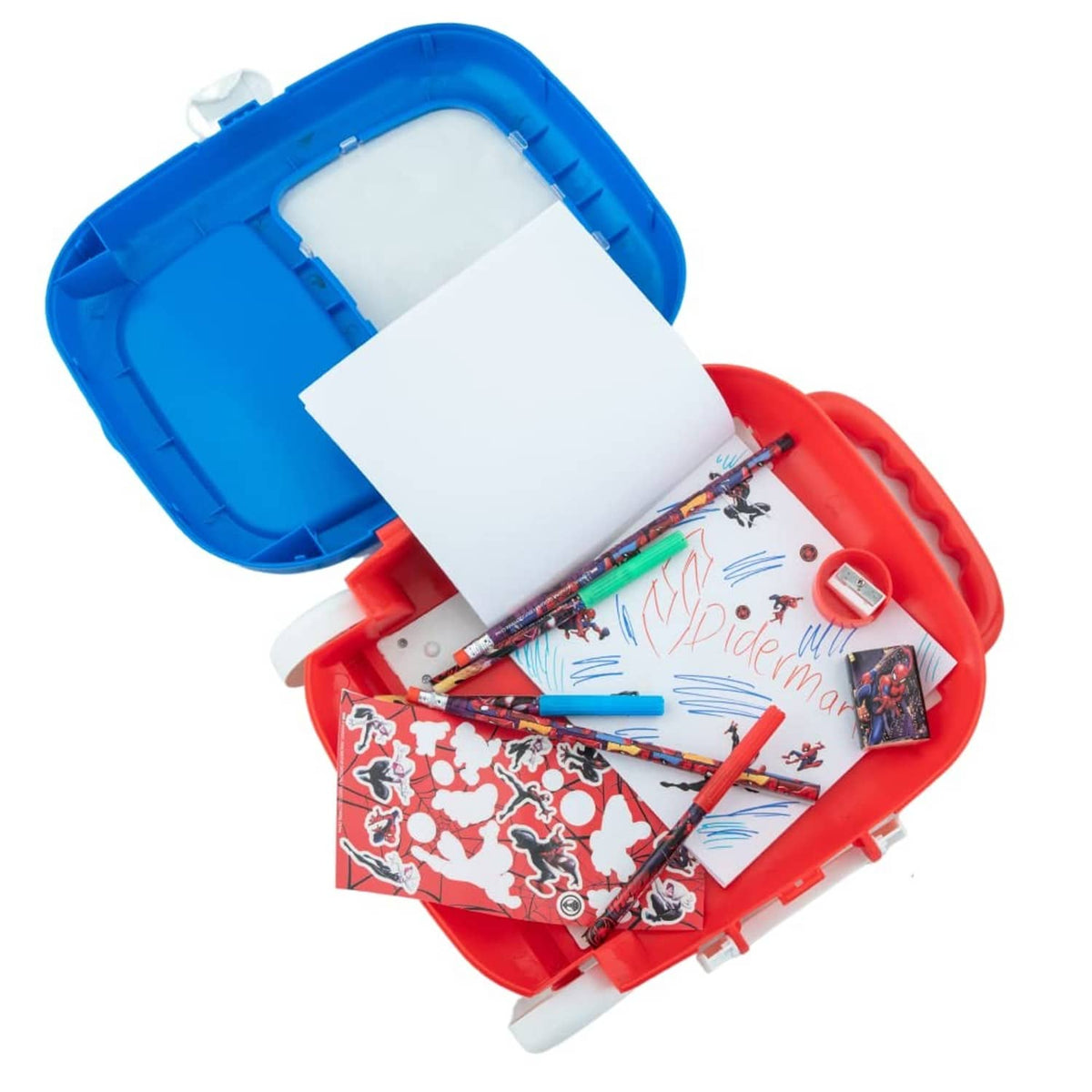 Open rolling case showing sketch sheets, pencils, markers, and sticker sheet