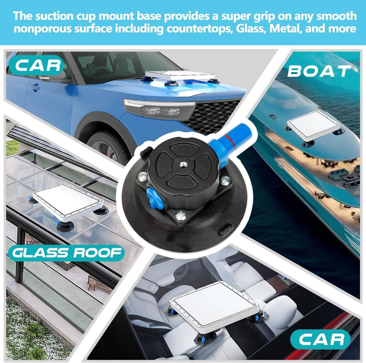 Black suction cup mount base with blue hand-pump connector for smooth surfaces