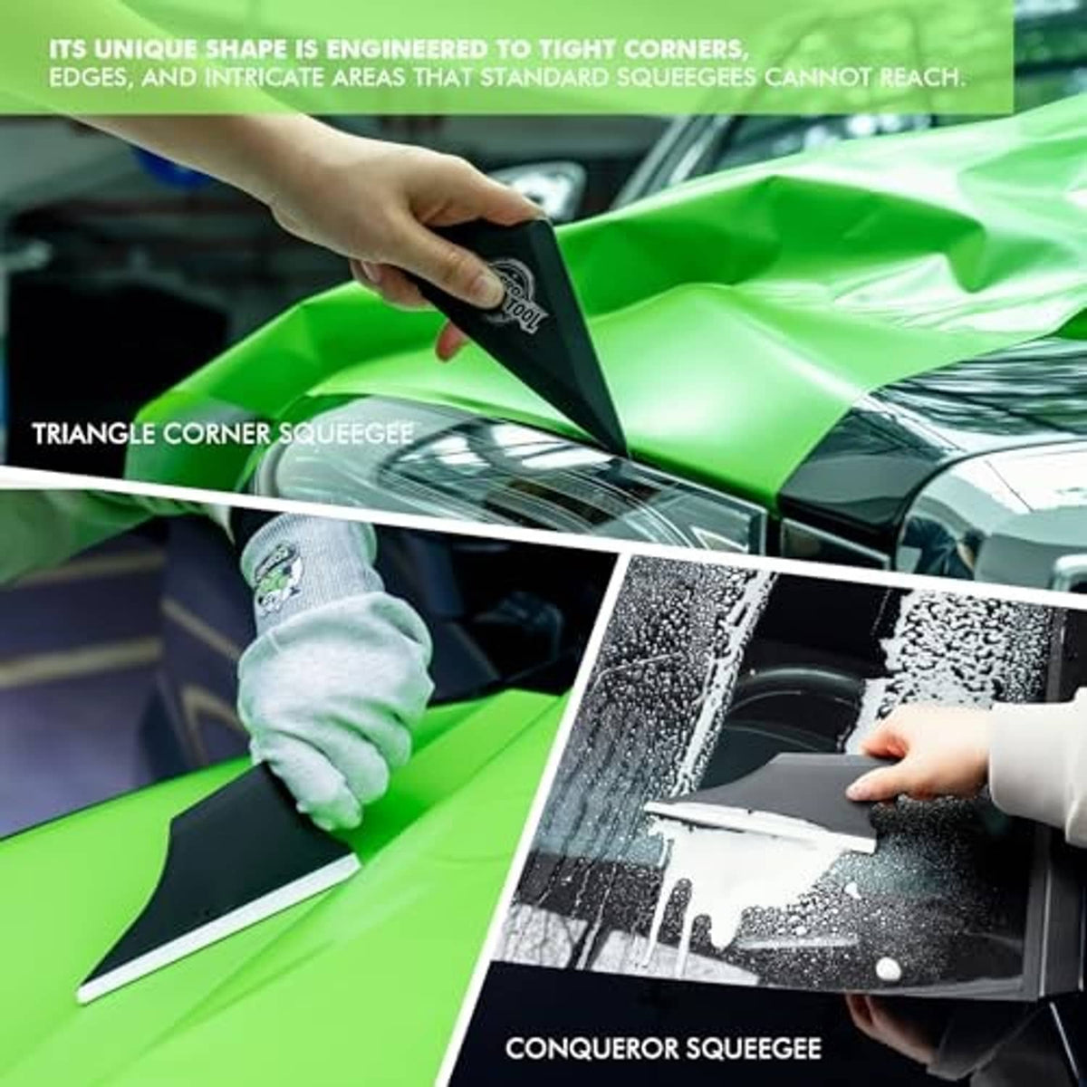Triangle corner squeegee and conqueror scraper for applying film to tight vehicle edges