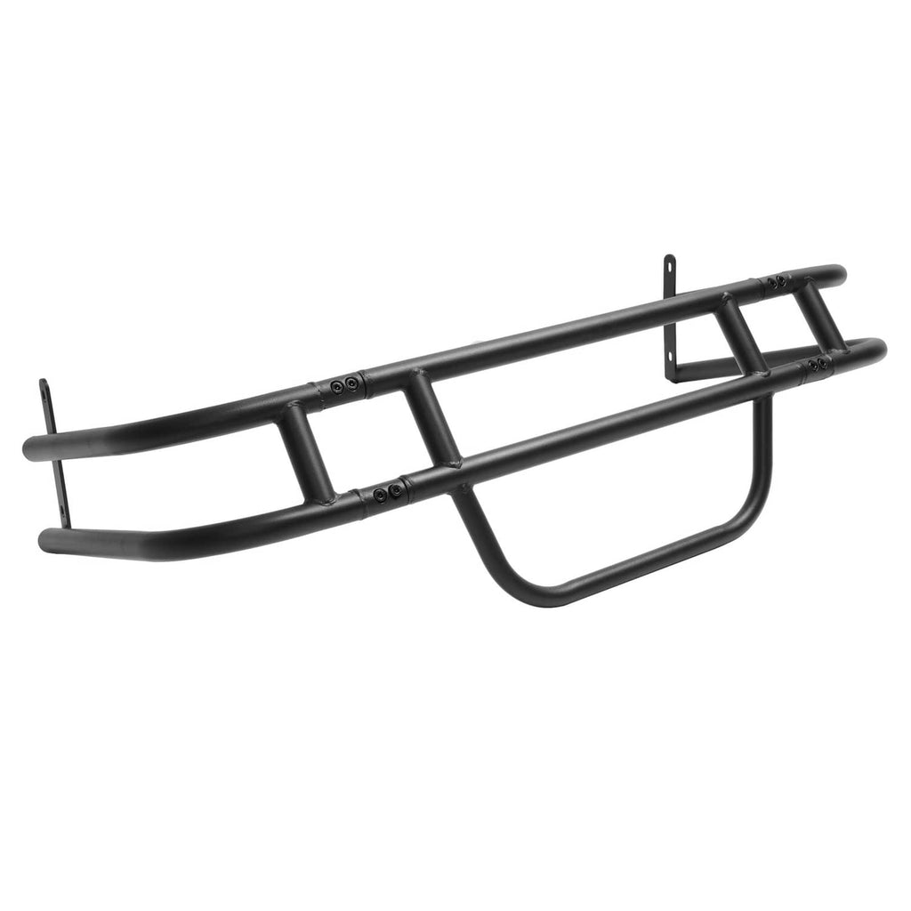 Black long tubular brush guard bumper bar with mounting bracket and curved lower section