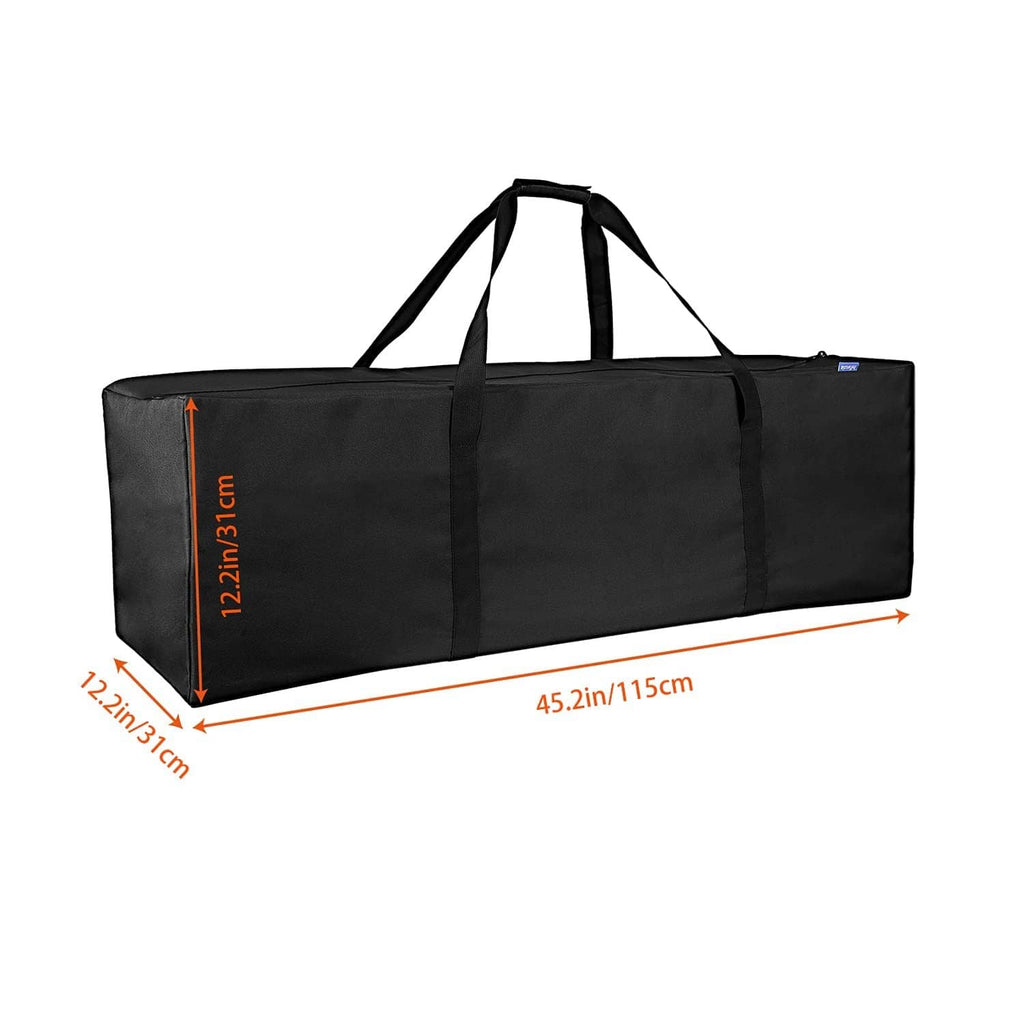 Black long duffel travel bag with double top handles and reinforced seams