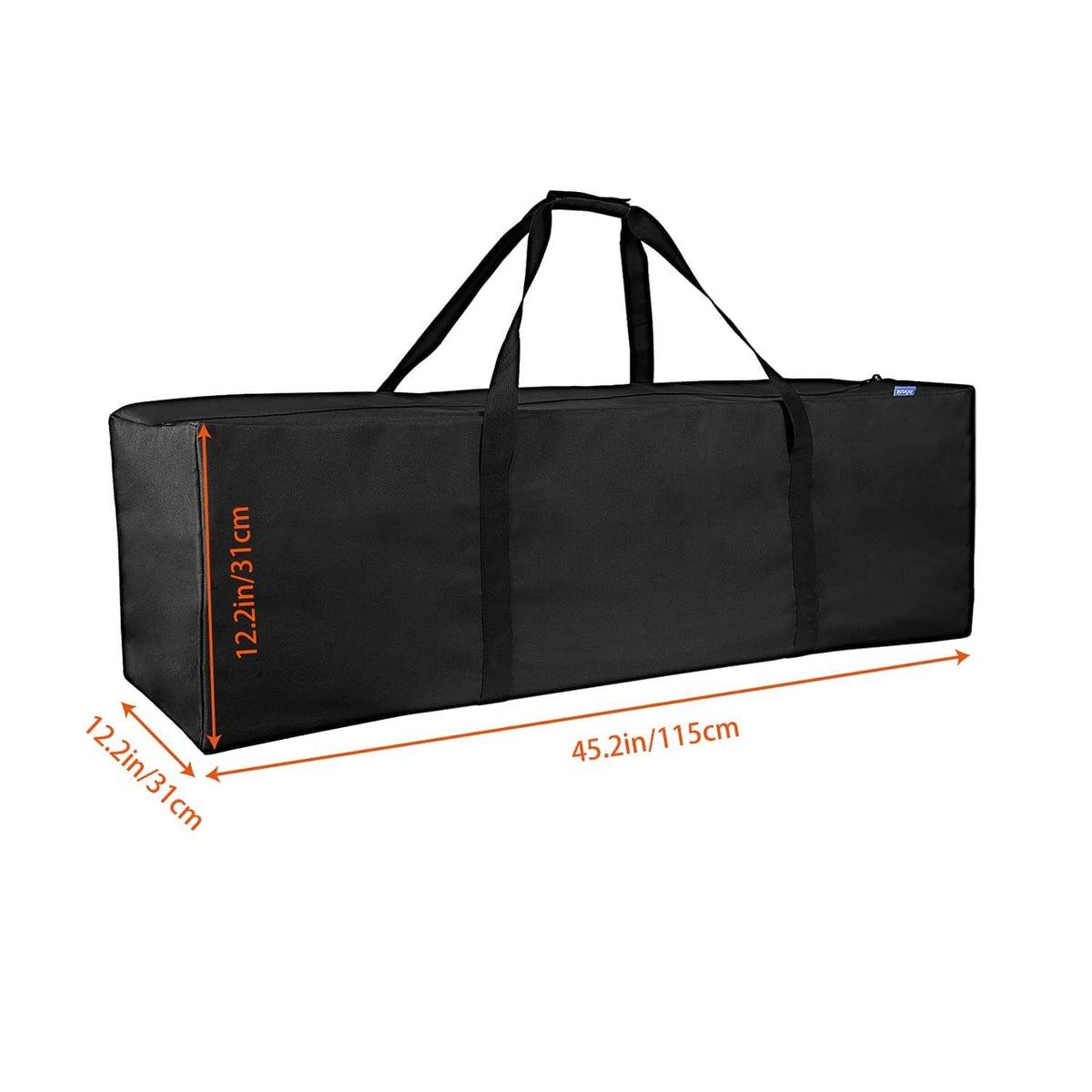 Black long duffel travel bag with double top handles and reinforced seams
