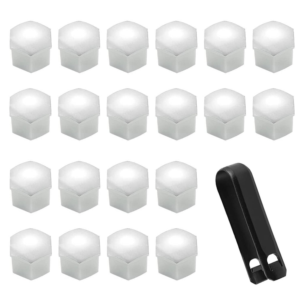 Set of silver wheel lug nut covers with hex bolt-cap shape, 19 mm hex