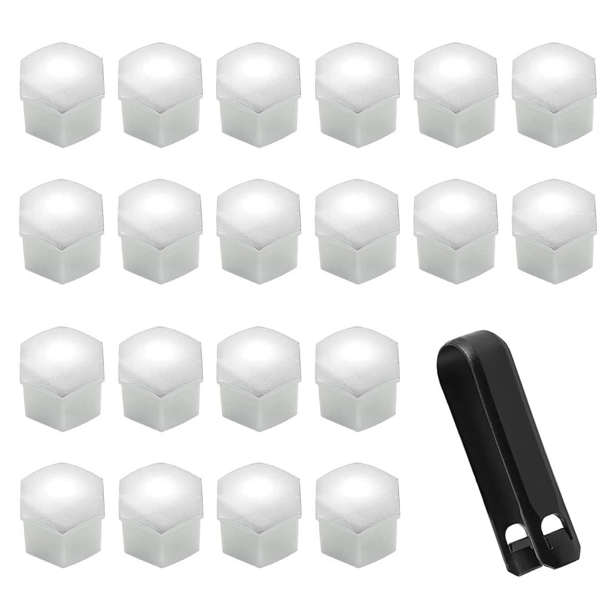 Set of silver wheel lug nut covers with hex bolt-cap shape, 19 mm hex