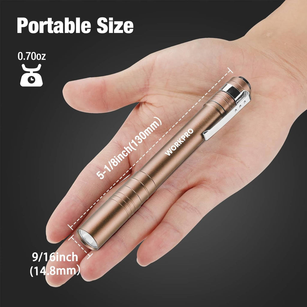 WORKPRO brown LED pen light held in hand, showing compact size and side switch.