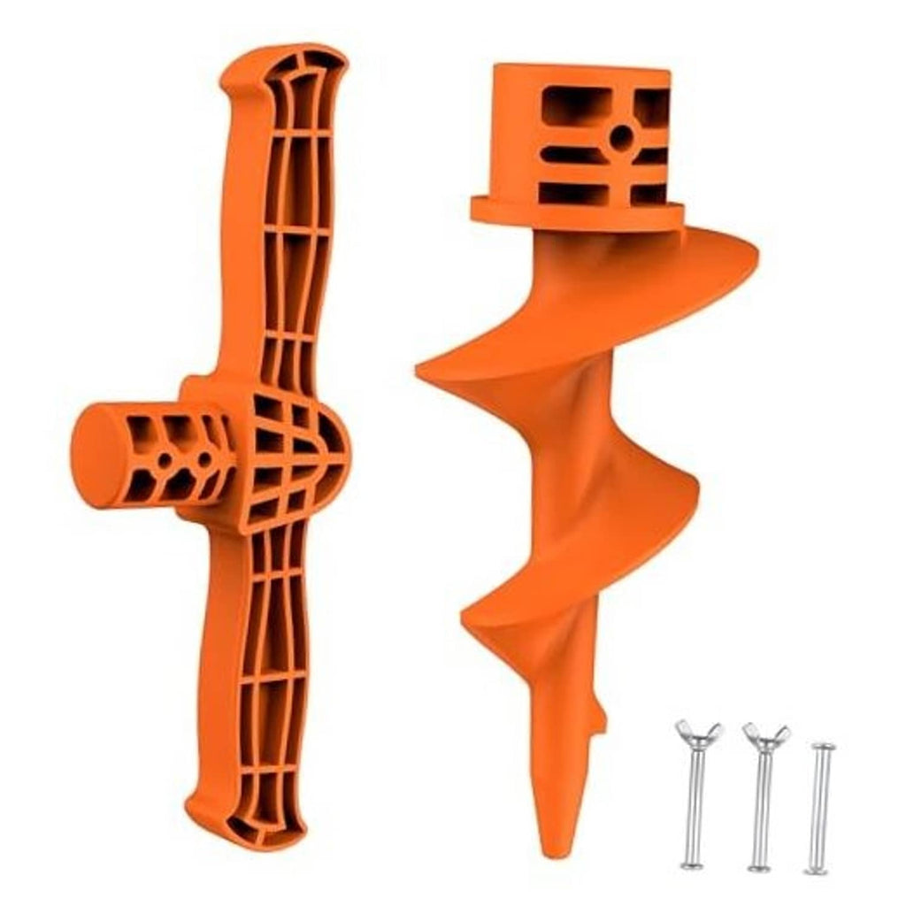 Orange PVC sand auger anchor set with auger tool and three metal bolts