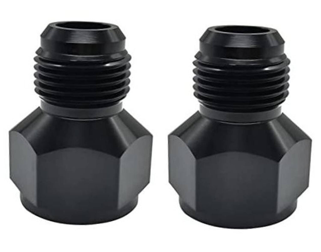 Pair of black AN10 female to AN6 male flare reducer adapters, hex body and threads