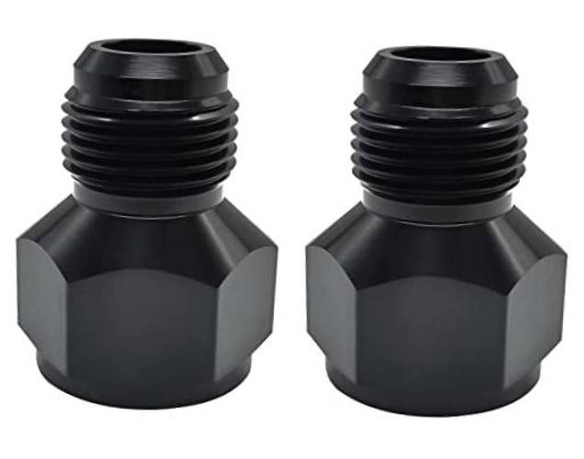 Pair of black AN10 female to AN6 male flare reducer adapters, hex body and threads