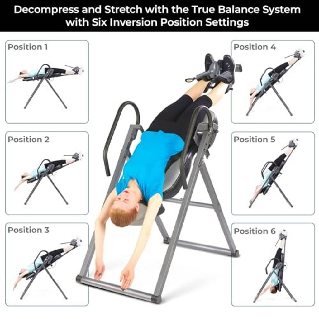 Inversion table with six-position settings showing a user performing inversion