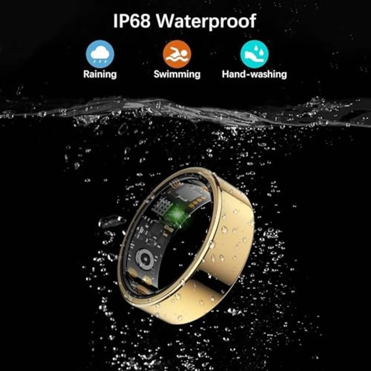 Gold smart health ring with glowing sensor shown with water splash for waterproof use
