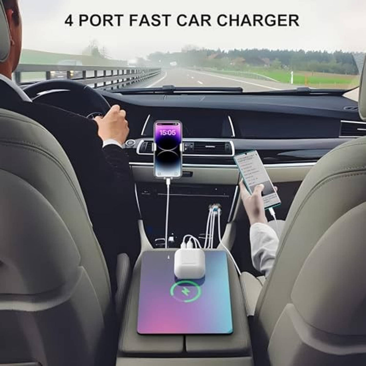 Black car USB charger in dashboard powering a phone with USB charging cables