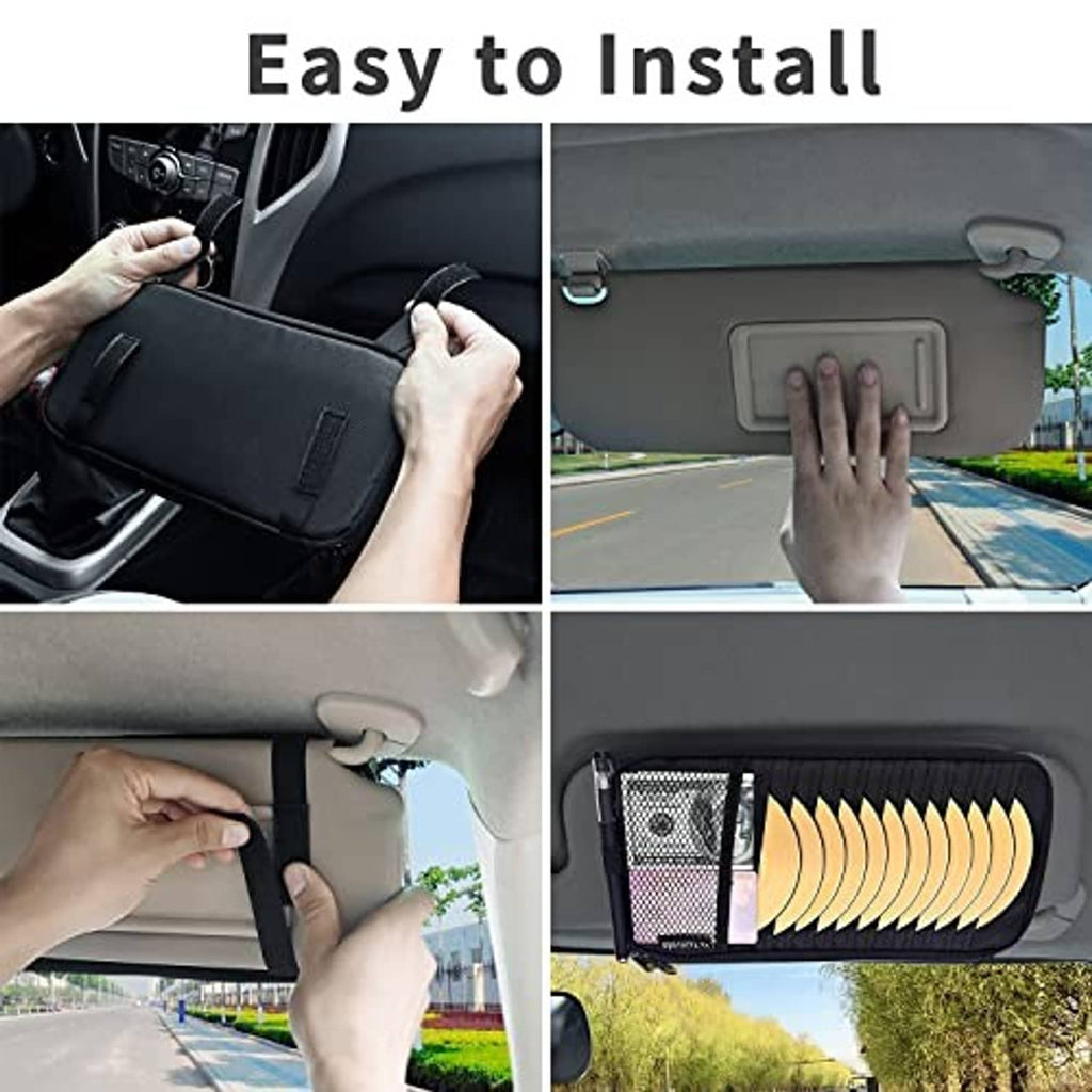 Black car visor CD organizer installed on the sun visor, zippered pouch with straps