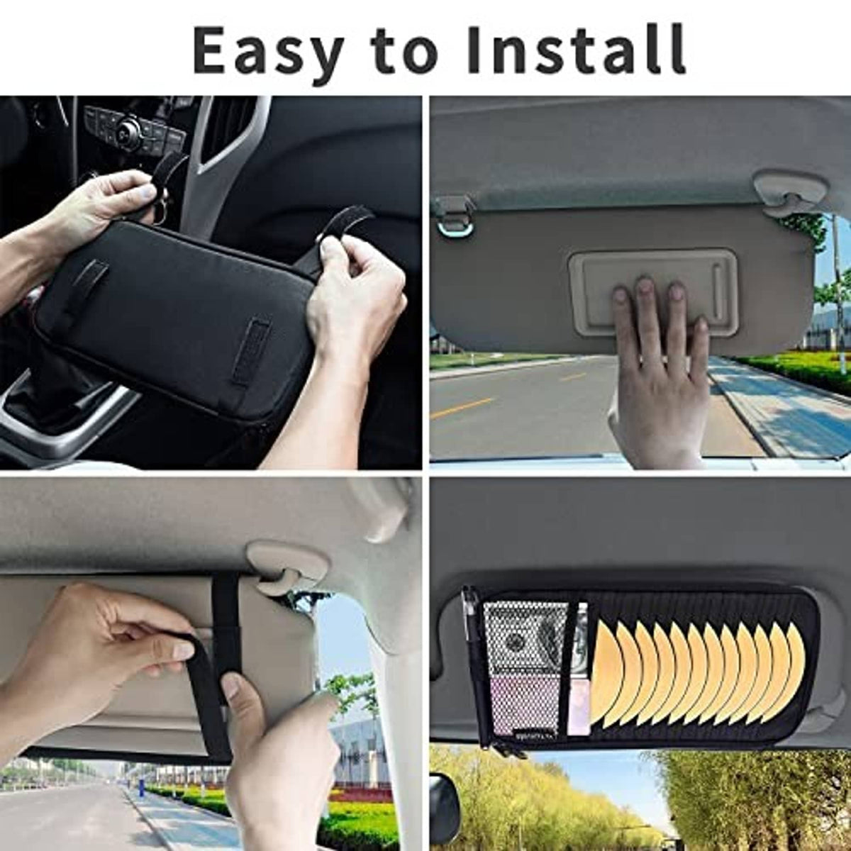 Black car visor CD organizer installed on the sun visor, zippered pouch with straps