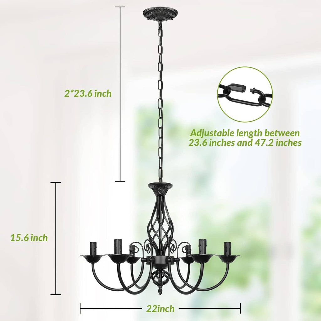 Black 6-light candle chandelier with hanging chain and lattice canopy center