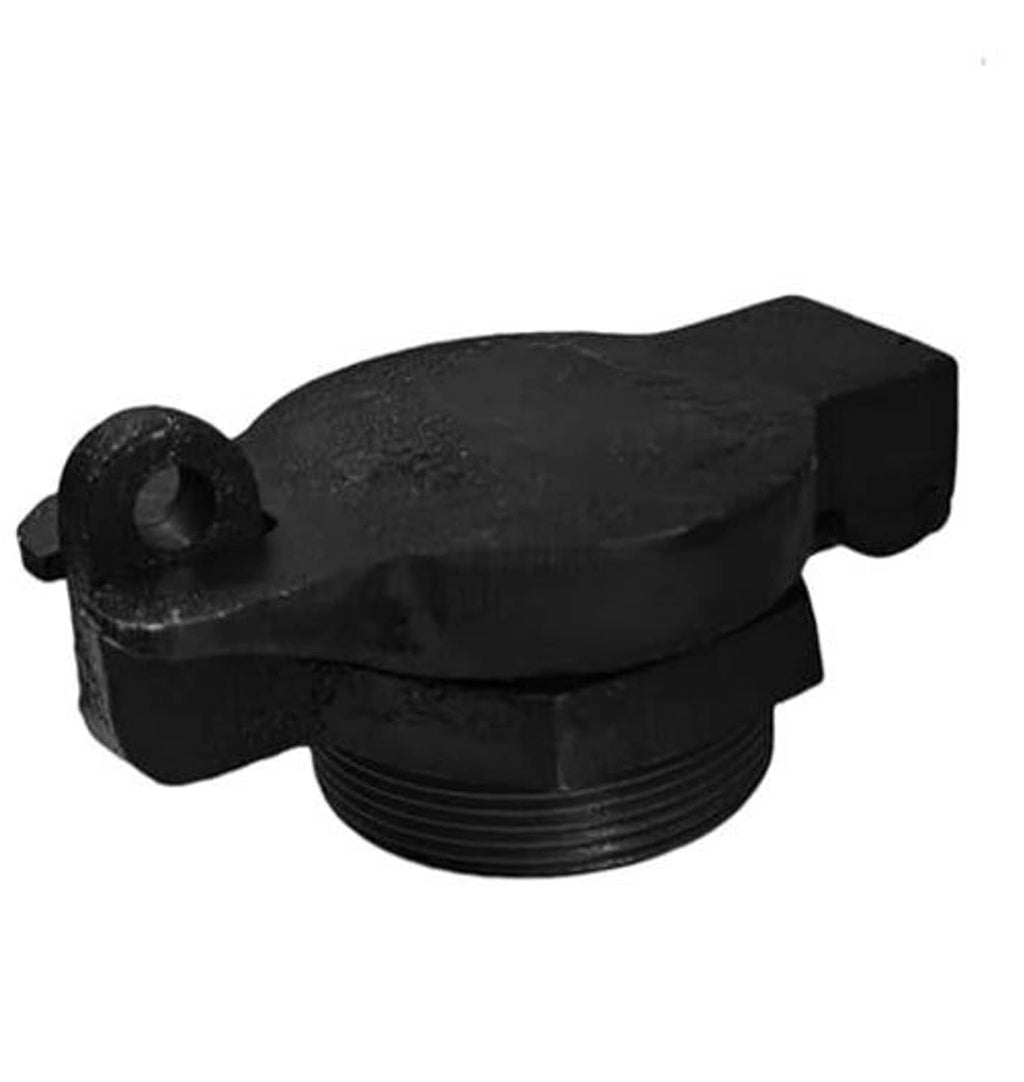 Black diesel fuel flip-top vented locking cap with side handle and threaded outlet