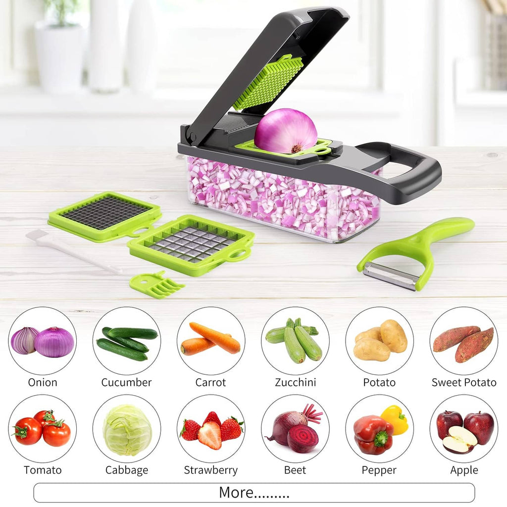 Vegetable chopper slicing unit showing diced purple onion and included food guide chart