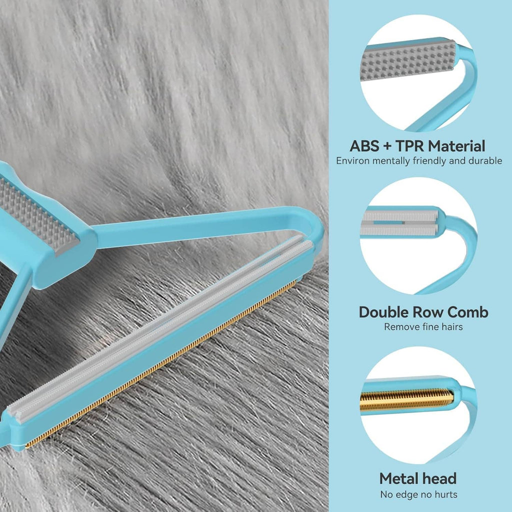 Pet hair remover rake lifting fur from carpet, blue frame with gold and gray combs