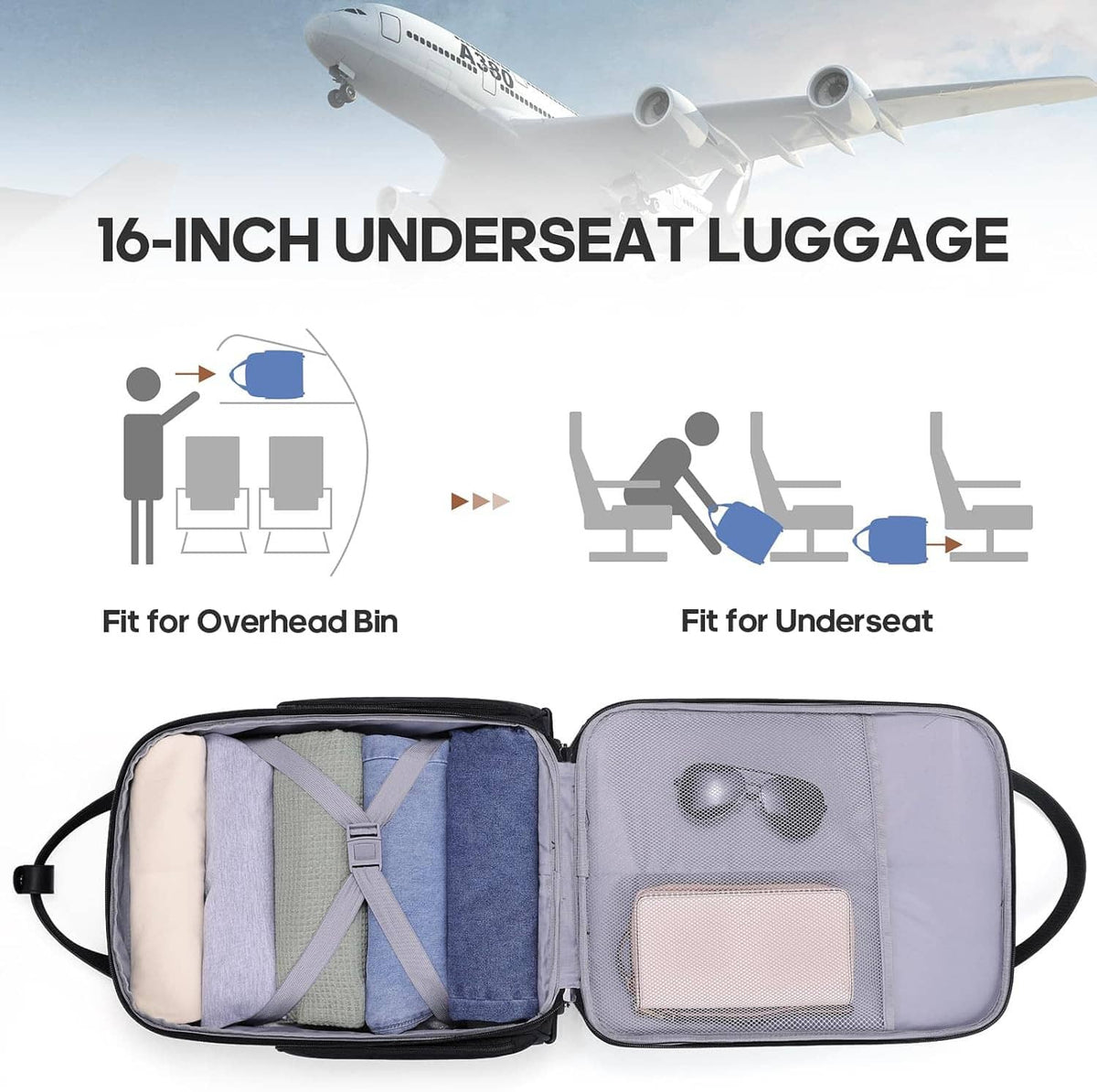 Black underseat carry-on suitcase open to show interior pockets and light-colored lining