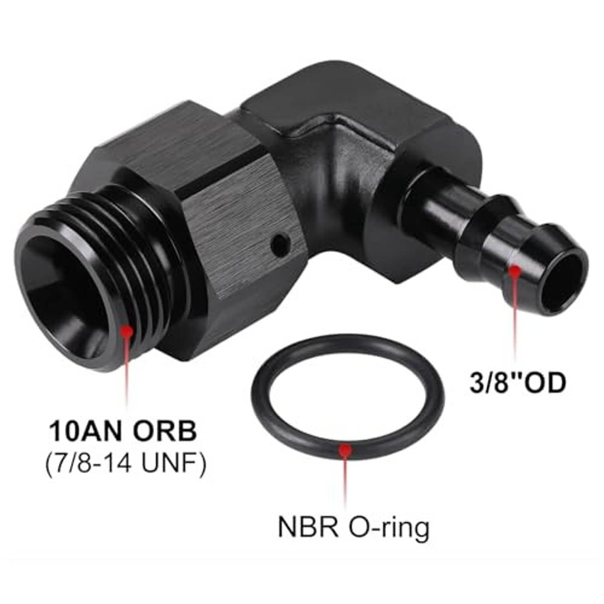 Black 90-degree AN-style adapter fitting with hose barb end and NBR O-ring gasket