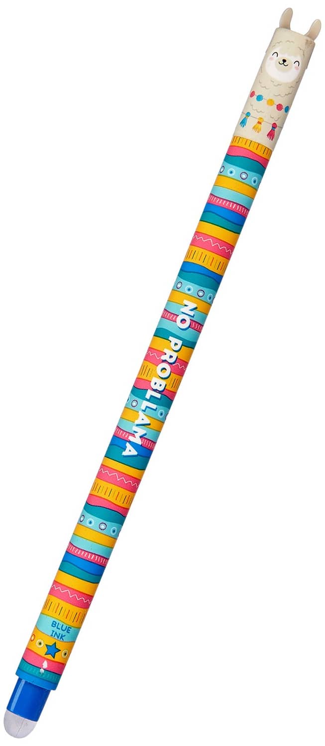 Erasable gel pen, multicolour llama design, 0.7 mm blue ink tip.