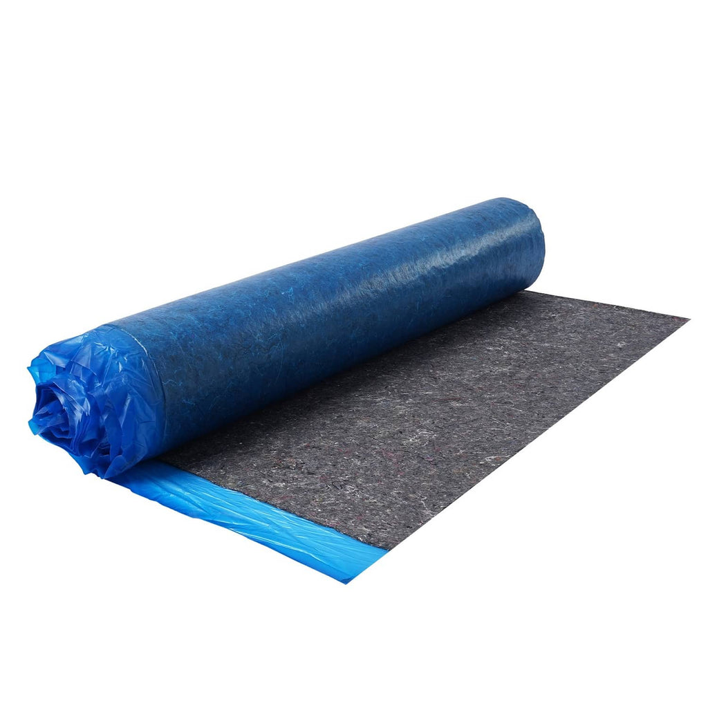 Blue floor underlayment roll on dark backing, ready for installation