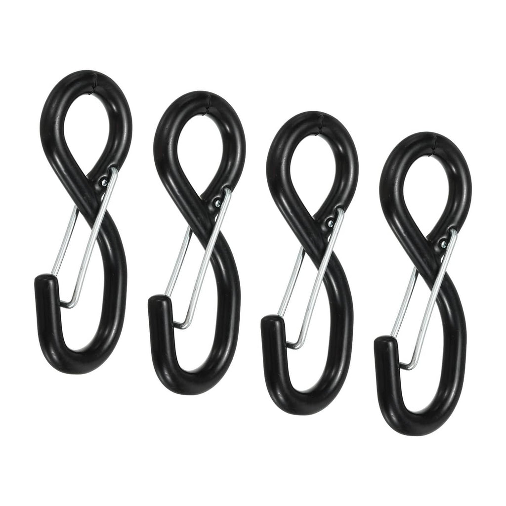 Black rubber S hook with latch, steel body and spring clip for ratchet straps
