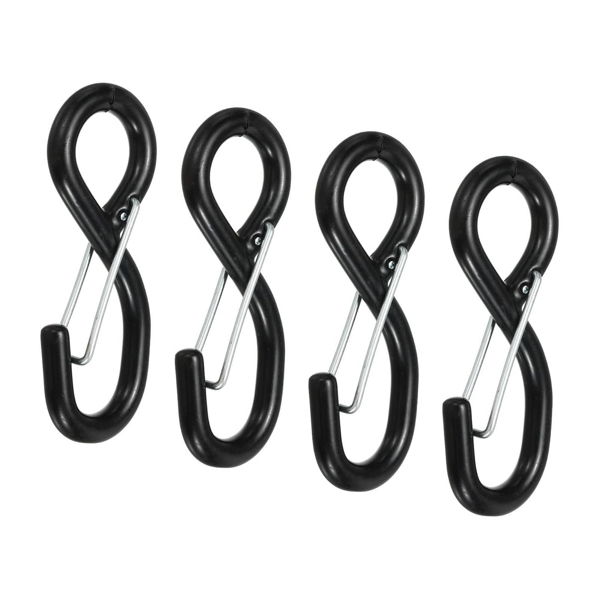 Black rubber S hook with latch, steel body and spring clip for ratchet straps