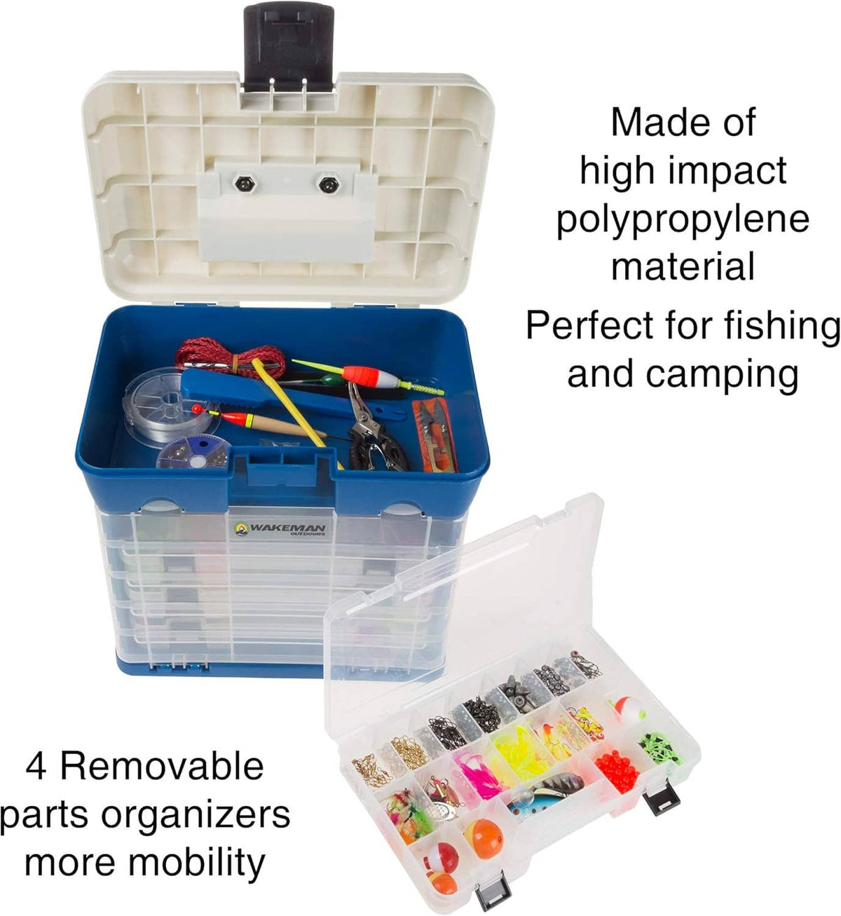 Tool storage box with open lid, blue base, clear drawer compartments, removable tray