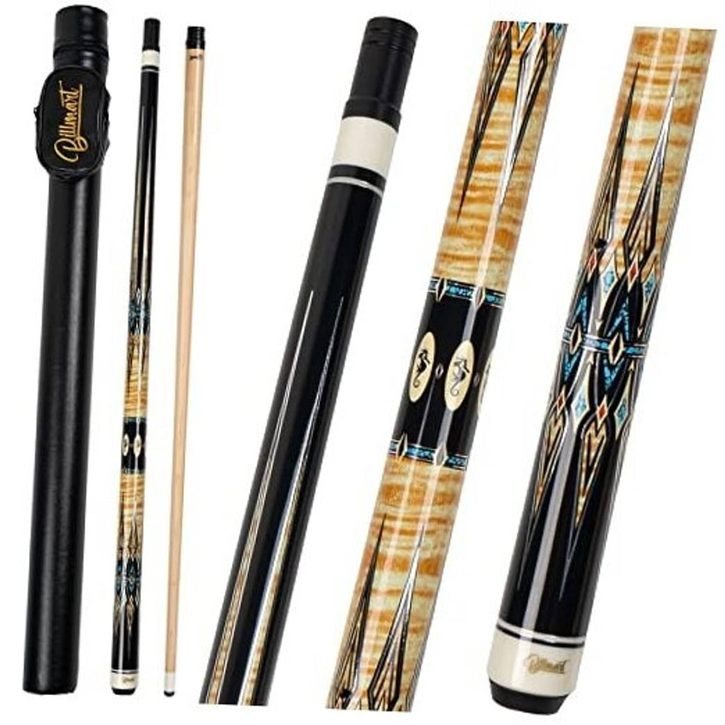Billiard cue stick set with black shafts, light wood tips, and decorative geometric inlays